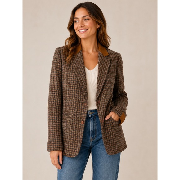 John Meyer Jackets & Blazers - John Meyer Vintage Brown Tweed Houndstooth Blazer Elbow Patches Womens 8